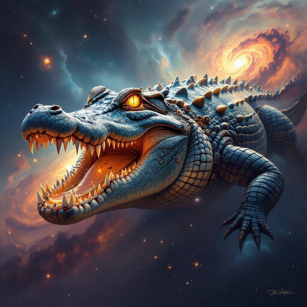 Cosmic Alligator in Nebula with Steampunk Gears