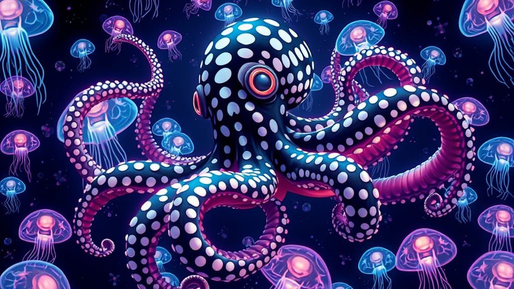 Polka Dot Octopus Confronts Bioluminescent Jellyfish Army