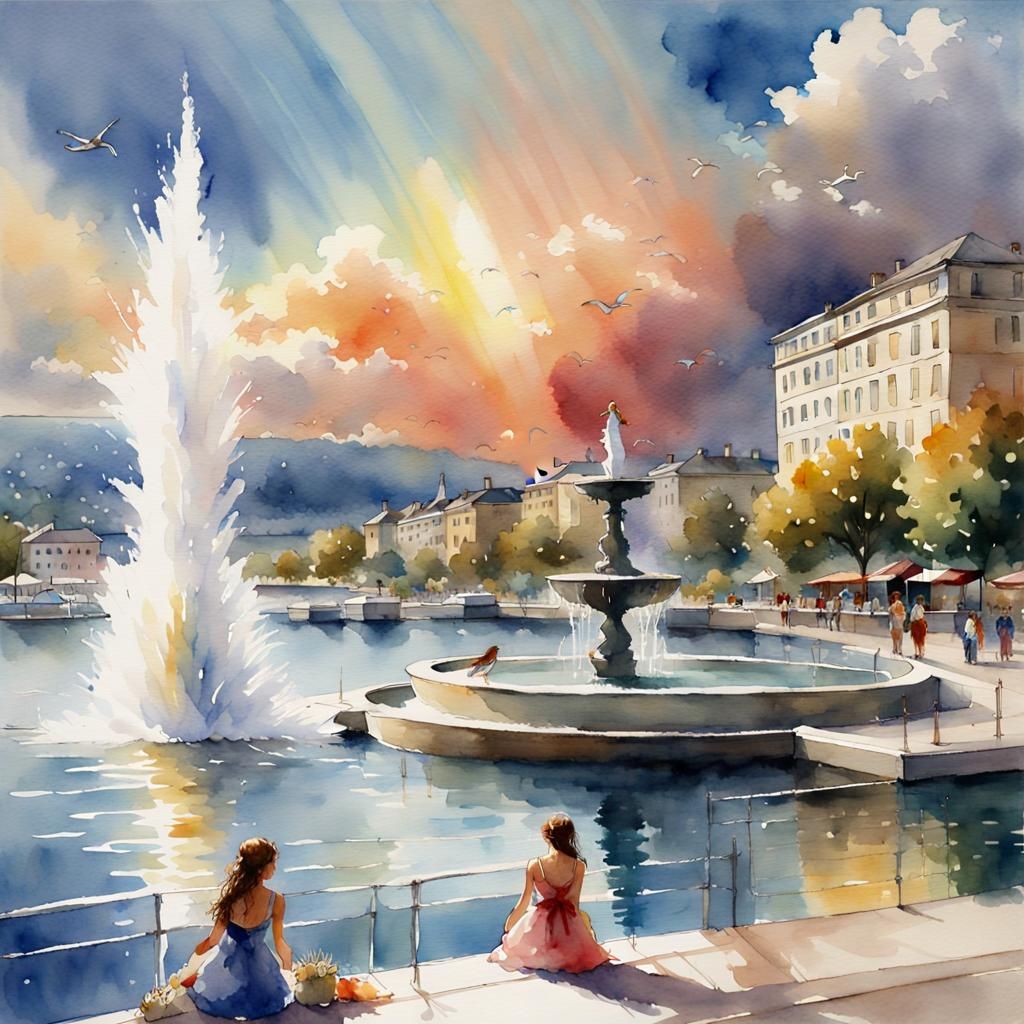 Geneva Harbor Fountain in Watercolor Art