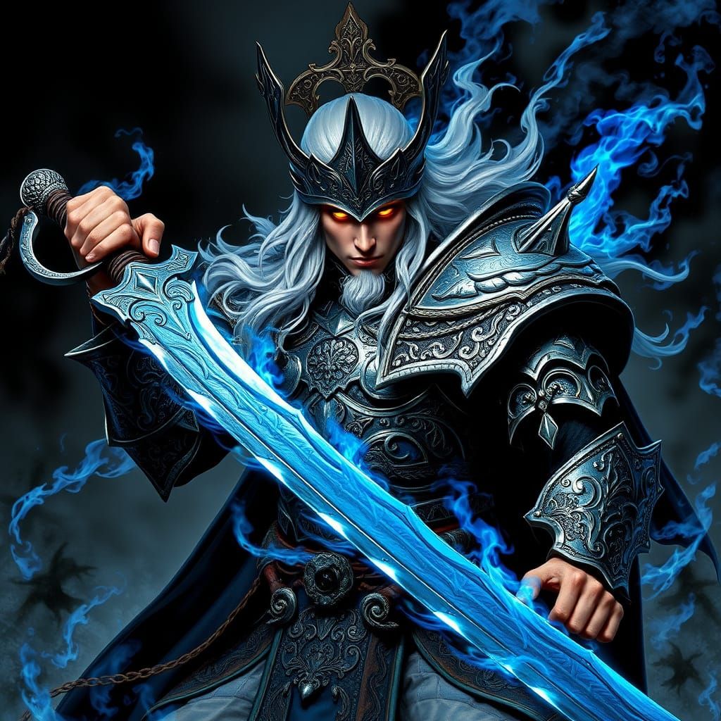 Regal Warrior God in Ornate Armor with Blue Flames