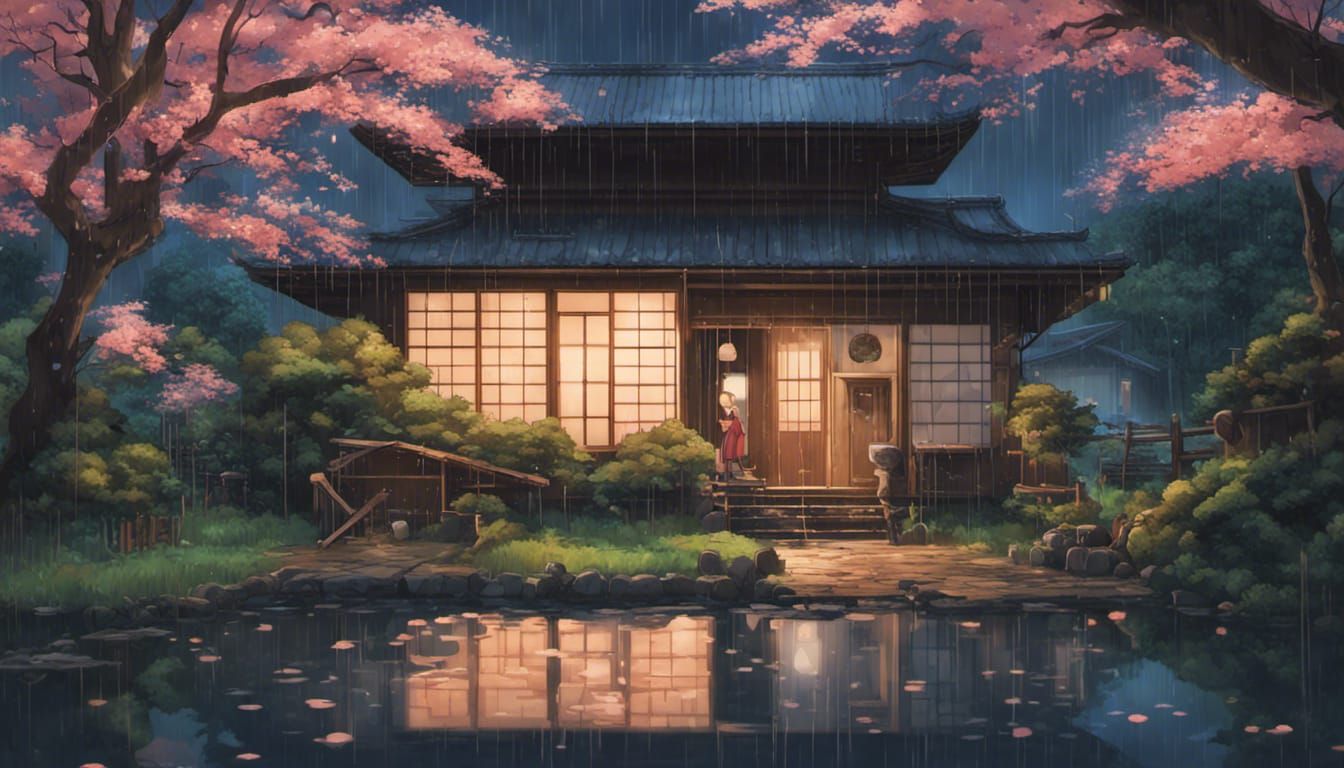 Rainy Night Minka House Garden View in Anime Style