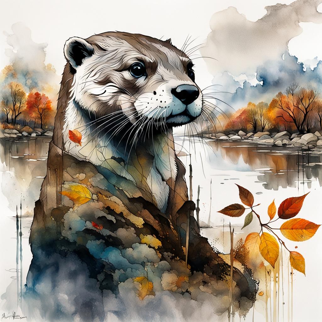 Otter Portrait in Double Exposure Watercolour Style