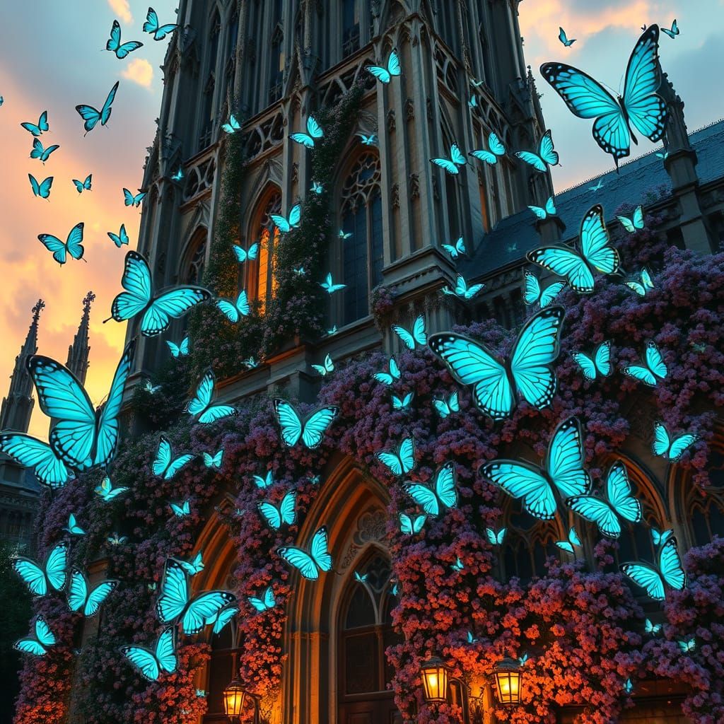 Iridescent Butterflies Dance Around Gothic Cathedral at Twil...