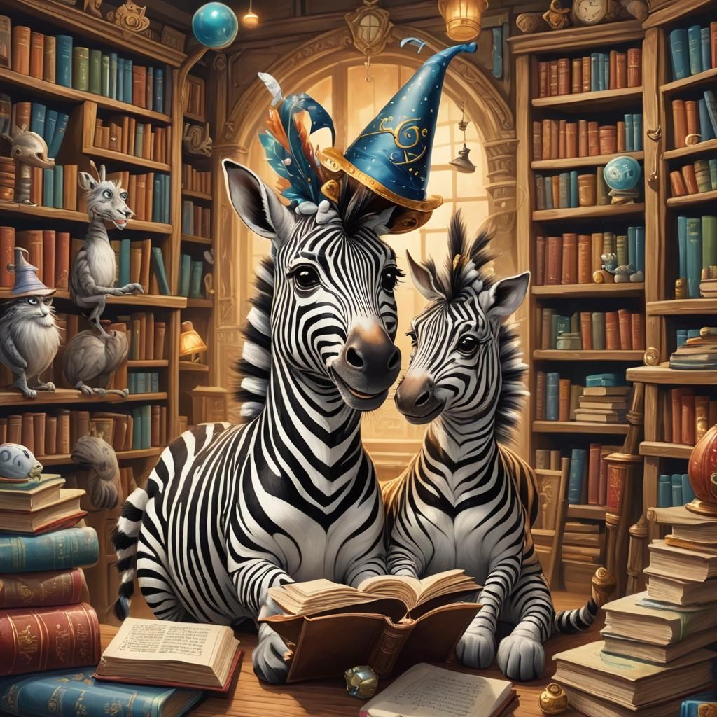 Whimsical Zebras in a Magical Room: Digital Illustration
