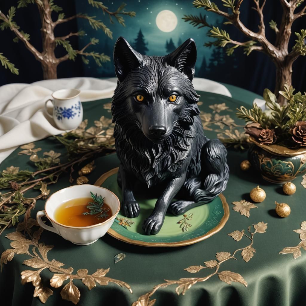 Mystical Wolf and Teacup in Porcelain Art Style
