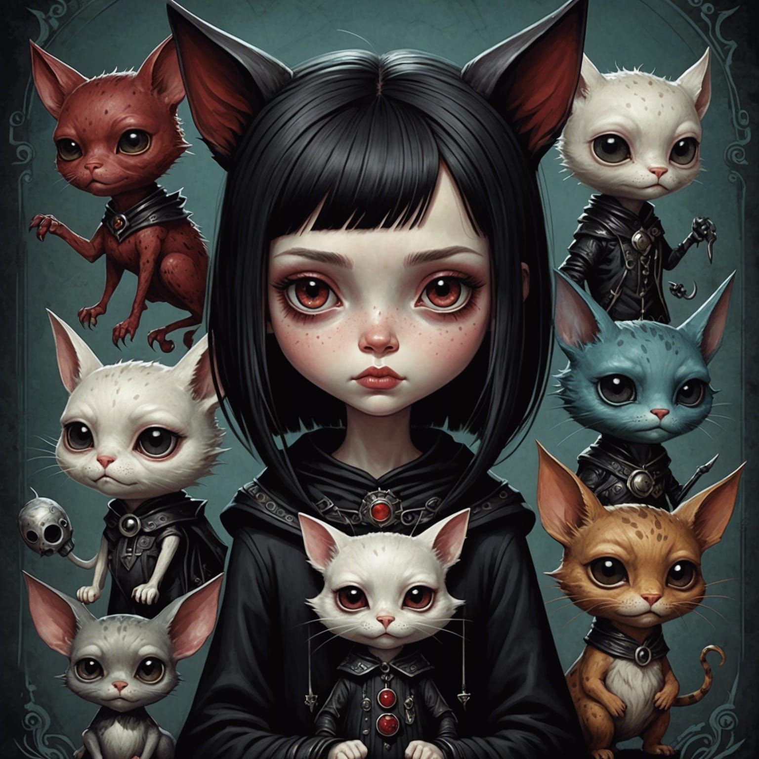 Goth Punk Girl with Chibi Monsters in Art Brut Style