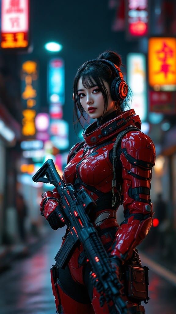 Cyberpunk Woman in Sci-Fi Armor on Neon Street