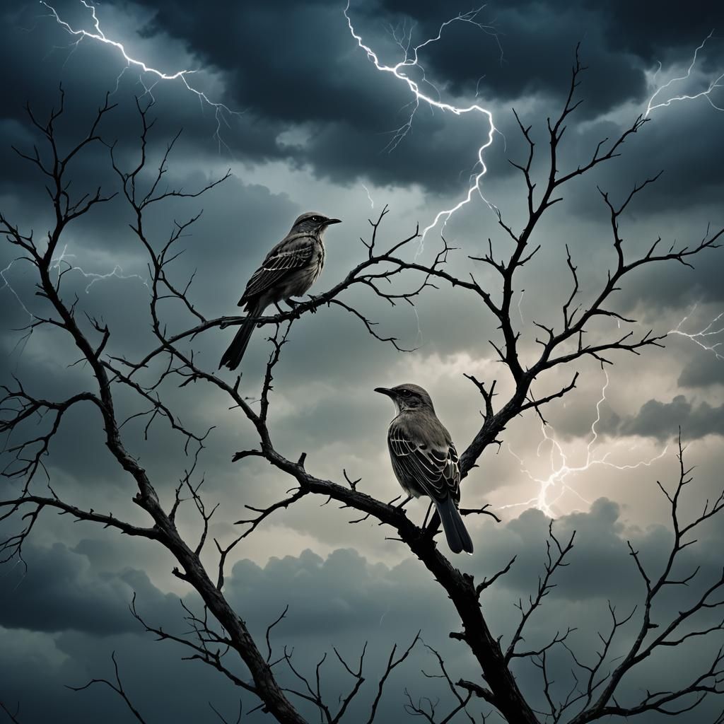 Dark Fantasy Mockingbird in Stormy Landscape