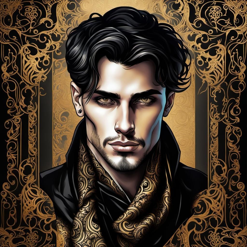 Gothic Male Portrait with Filigree, Tattoo Sketch Style