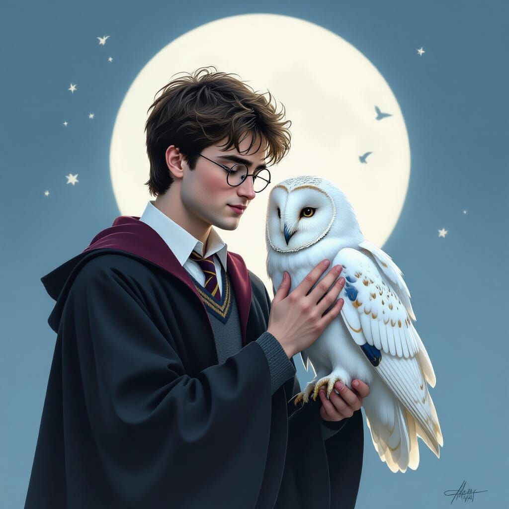 Harry Potter and Hedwig in Whimsical Style