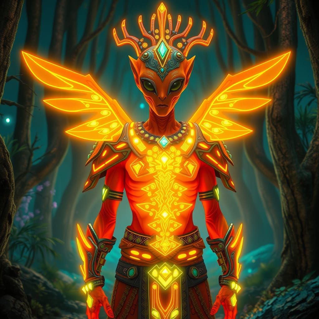 Orange Alien in Neon Forest, Tribal Armor