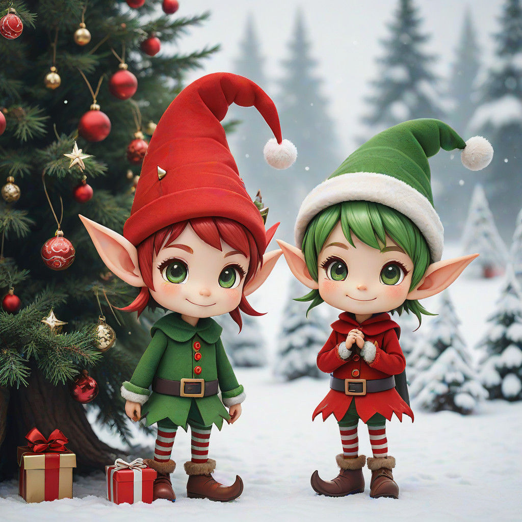 Chibi Elves in Whimsical Winter Wonderland