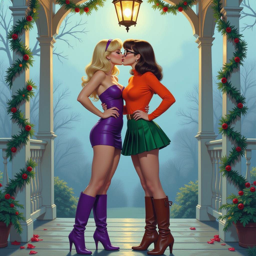 Daphne and Velma Kissing Under Mistletoe