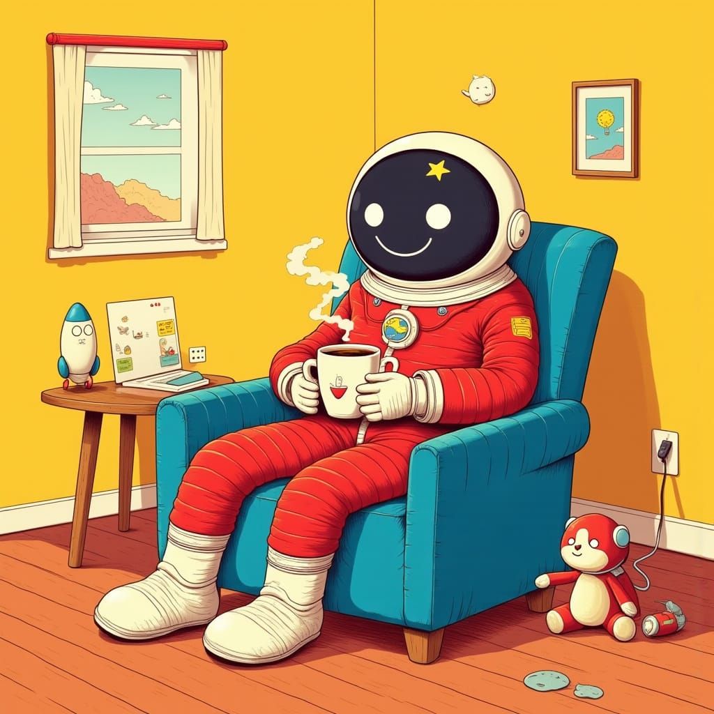 Astronaut Sips Coffee in Cozy Space-Themed Living Room