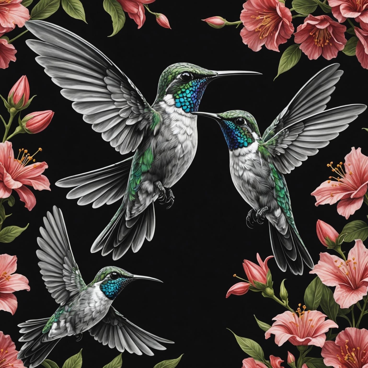 Detailed Grayscale Hummingbird Drawing with Flowers