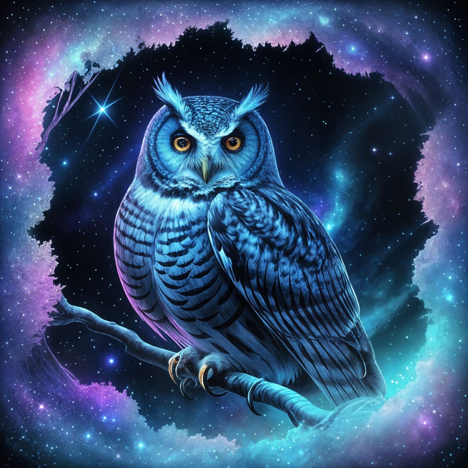Cosmic Owl With Galaxy Eyes in Mystical Forest