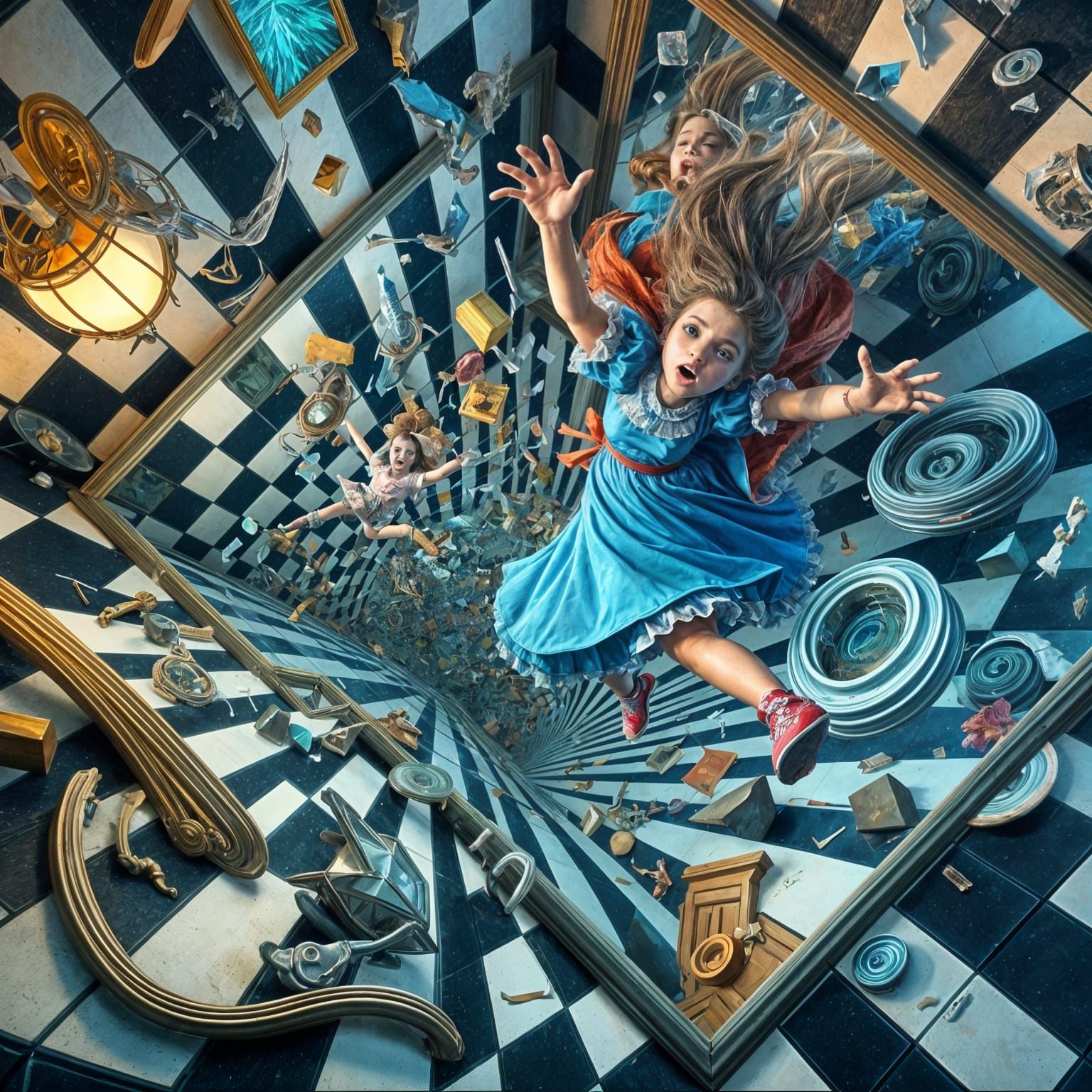 Girl Falling Through Mirror into Surreal World