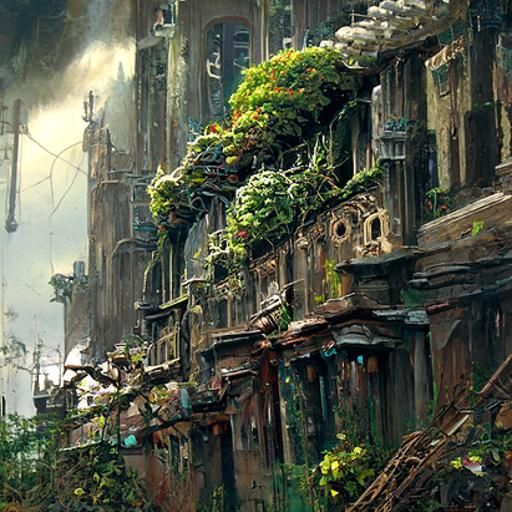 Abandoned City Covered in Vines, Dystopian Art