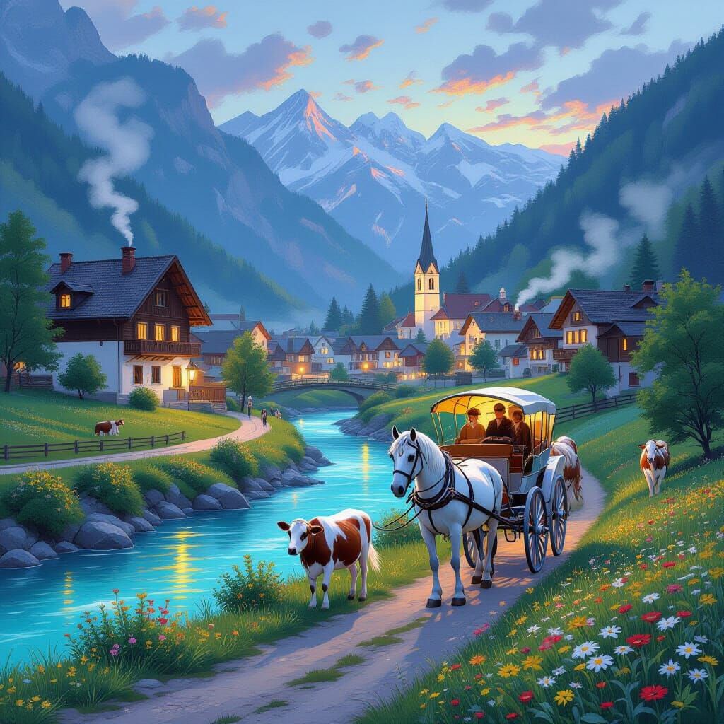 Quaint Alpine Village at Dusk in Impressionist Style