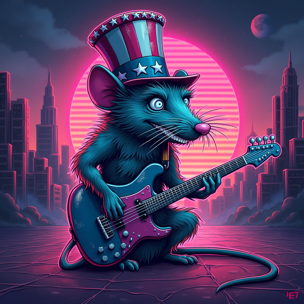 Cartoon Rat with American Flag Hat on Guitar