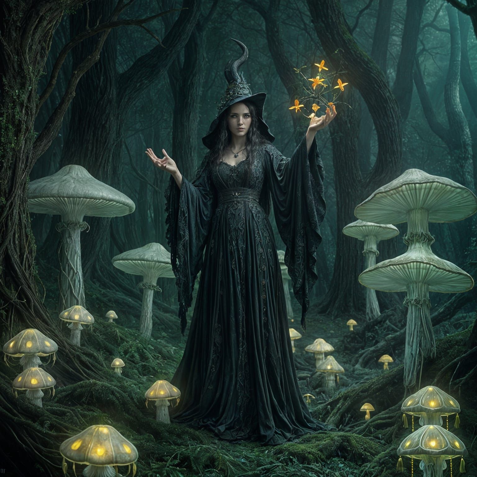Mystical Forest of Glowing Mushrooms and Enchanted Witch