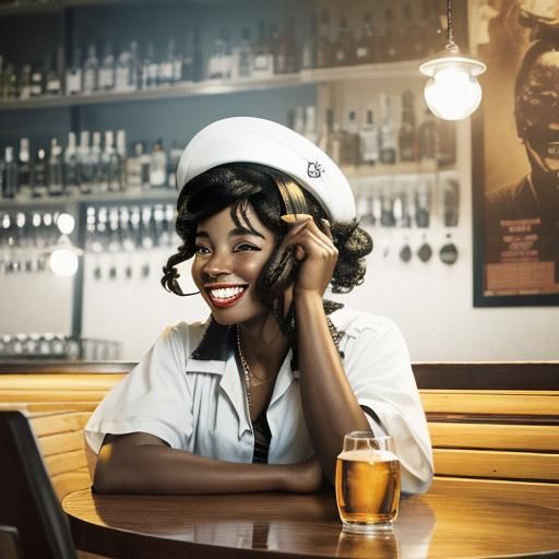 Laughing Woman with Rum in Dark Cafe