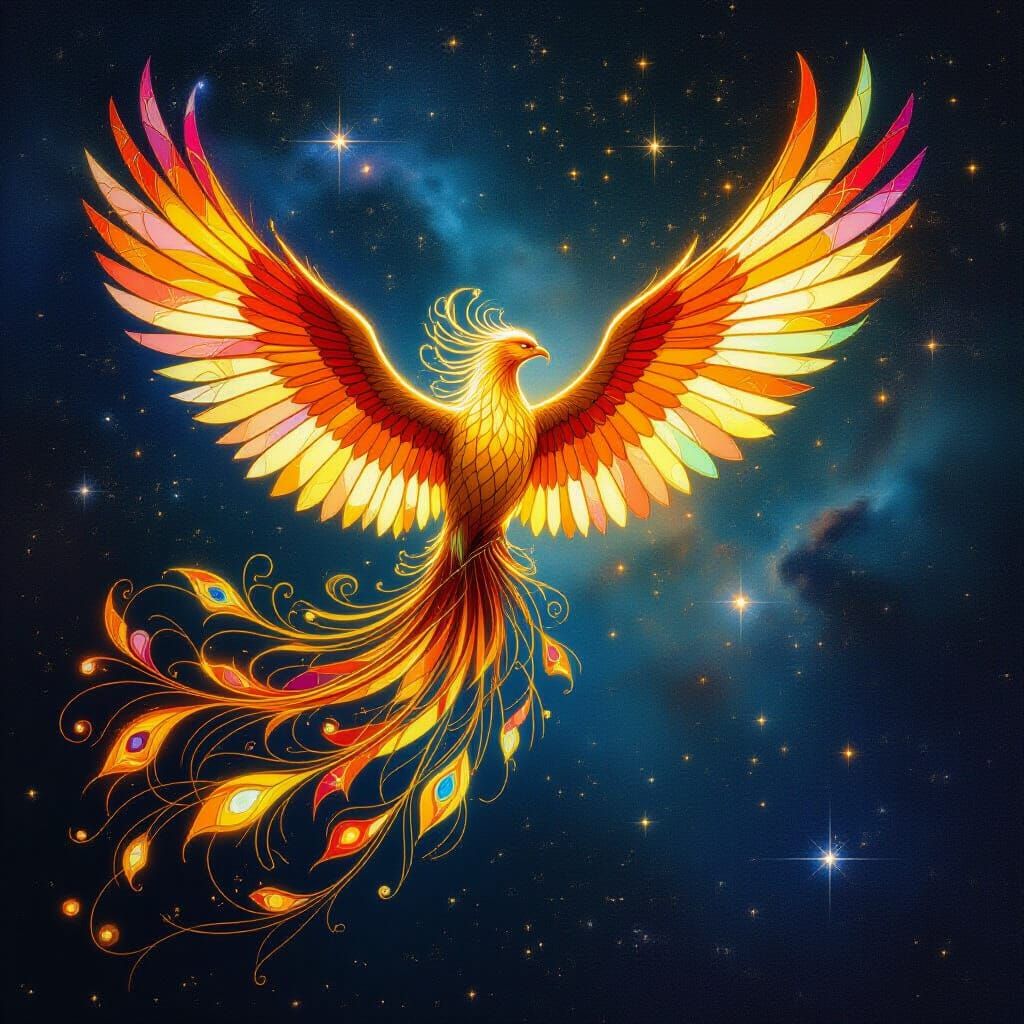 Bioluminescent Phoenix Soaring Through Nebula in Art Nouveau...