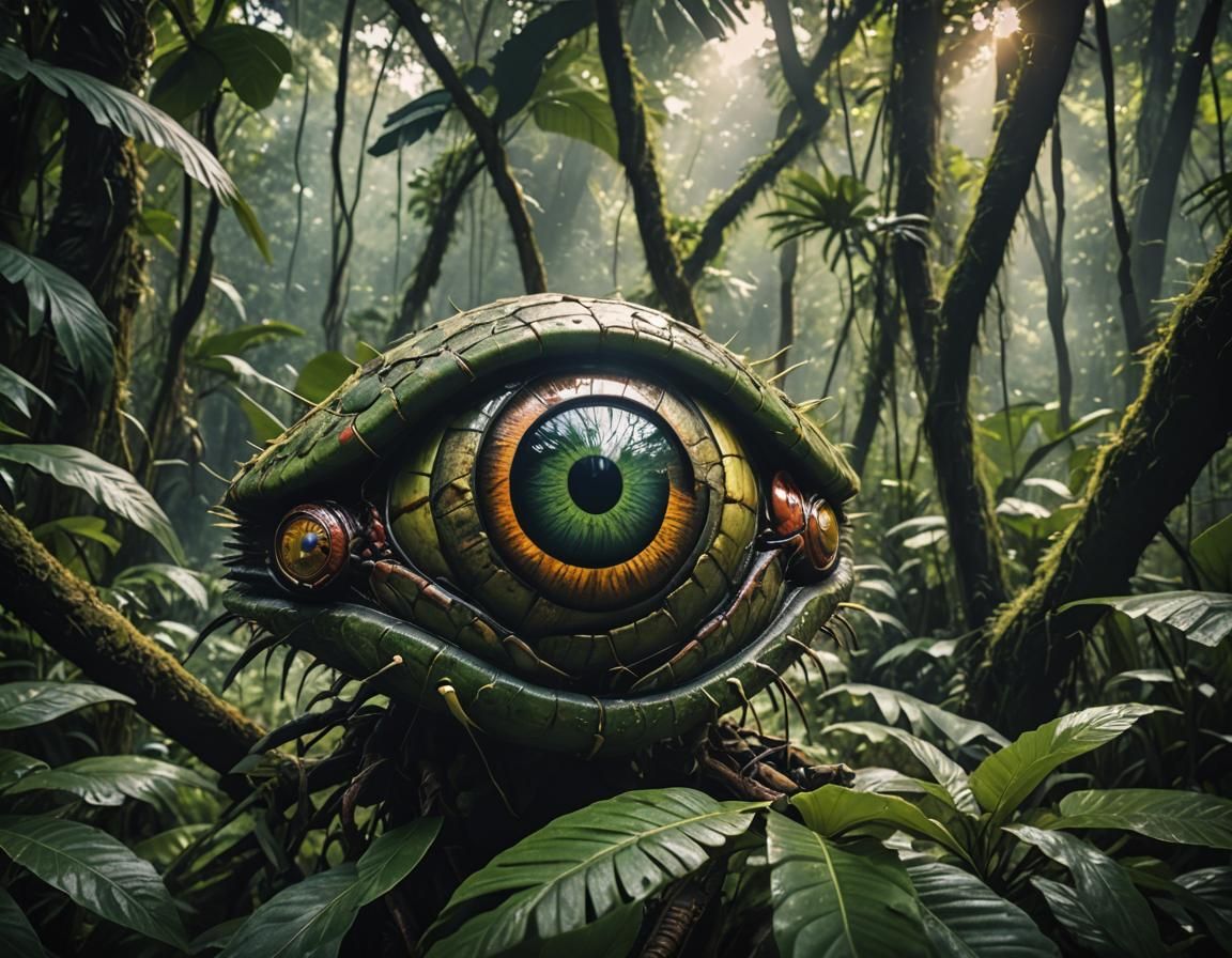 Insectoid Giant Eye in Jungle: Photorealistic Film Still