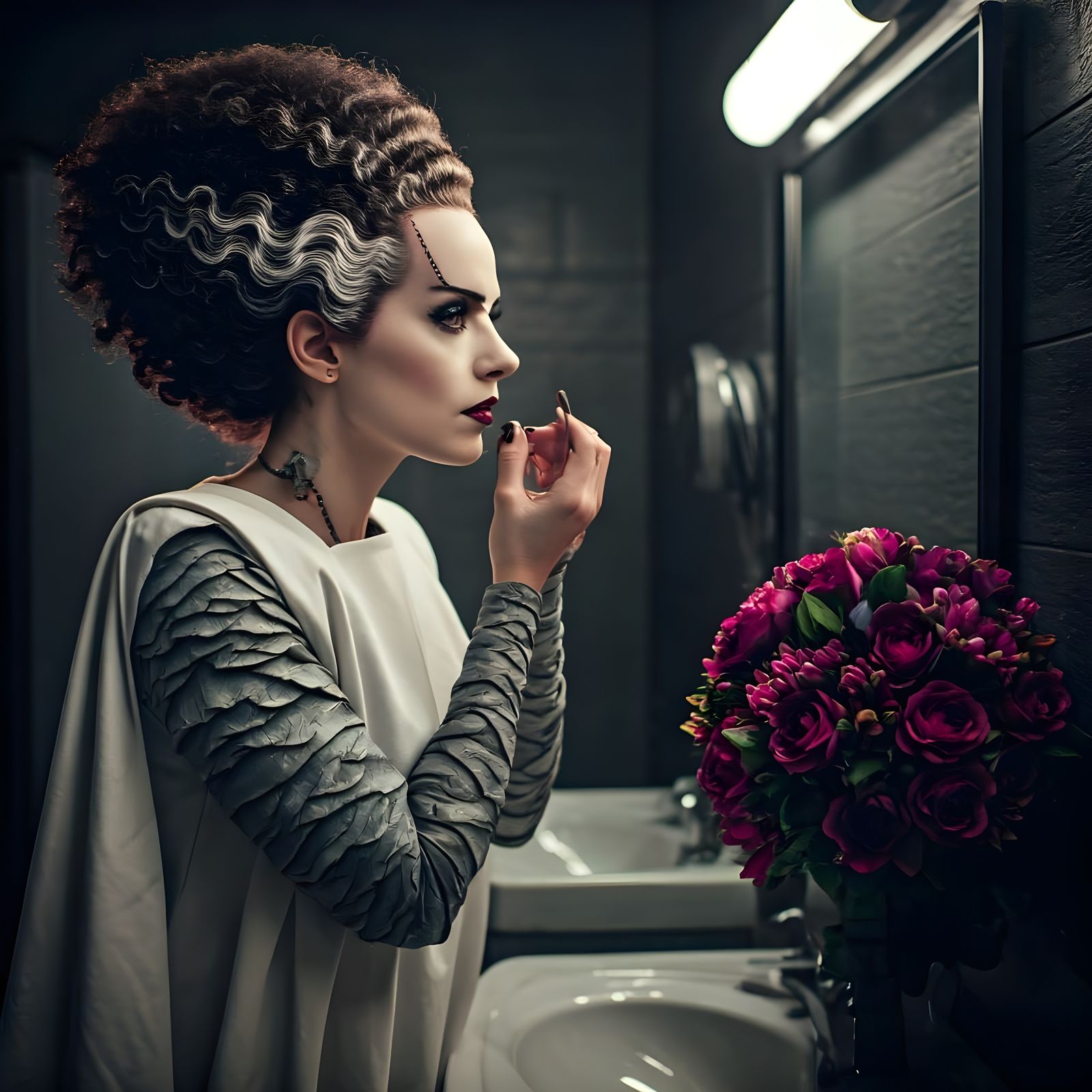 Bride of Frankenstein Makeup in Dark Floral Setting