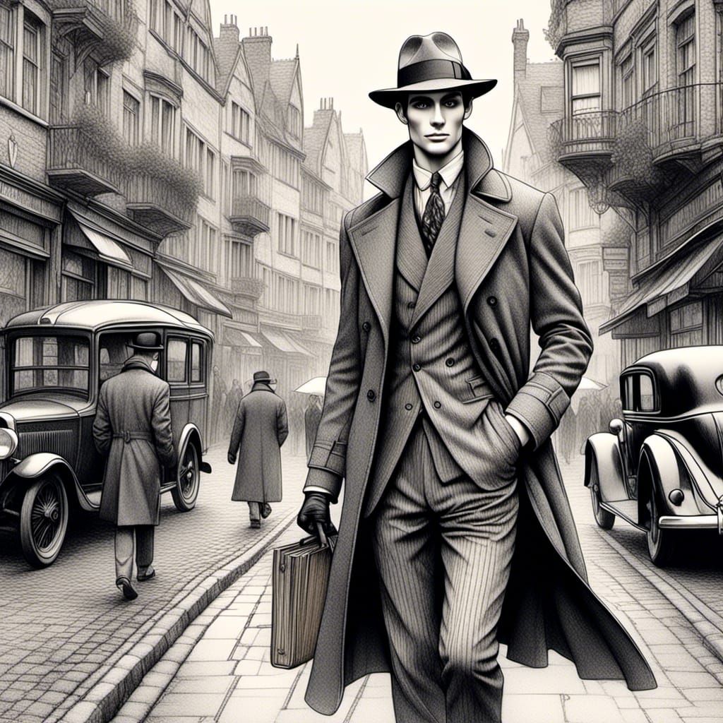 Detective in 1930s Cityscape Pencil Illustration