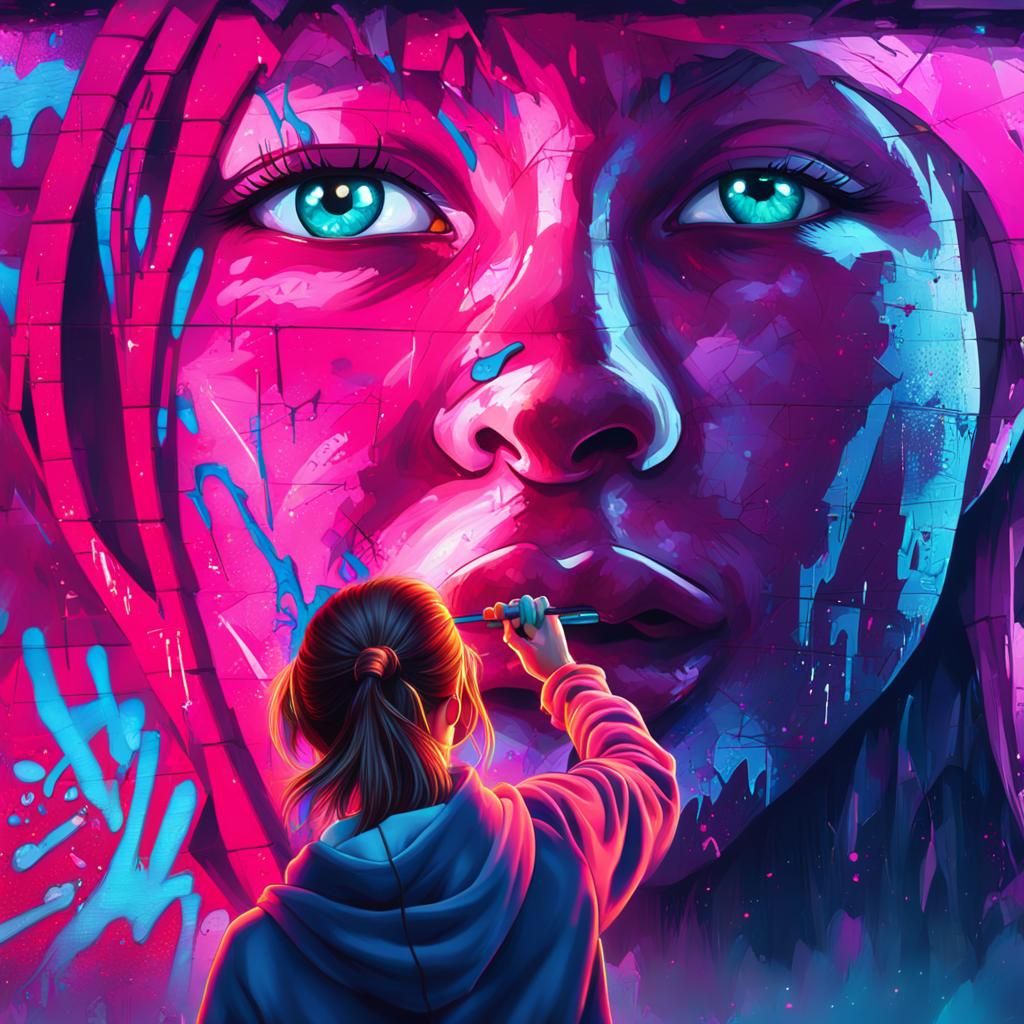 Girl Spray Painting Graffiti in City Nightlife, Fantasy Art
