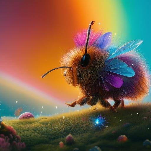Fluffy Bee on Rainbow Mushroom: Hyperrealistic Art