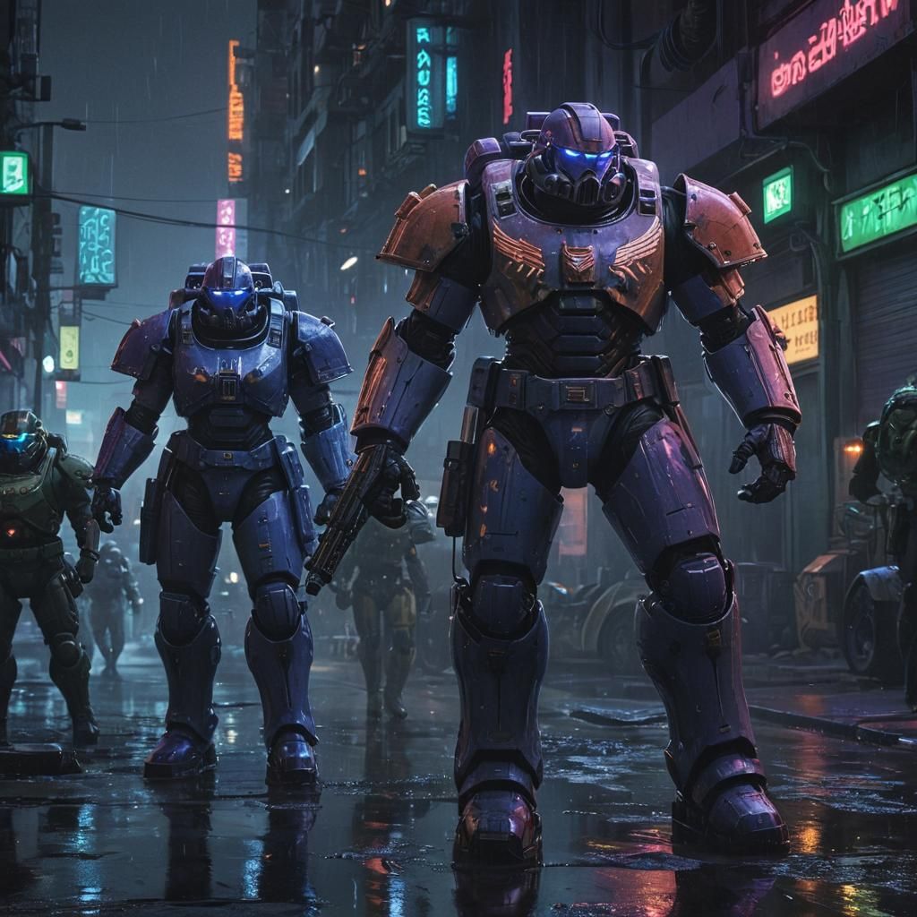 Cyberpunk Space Marines Patrol Neon City