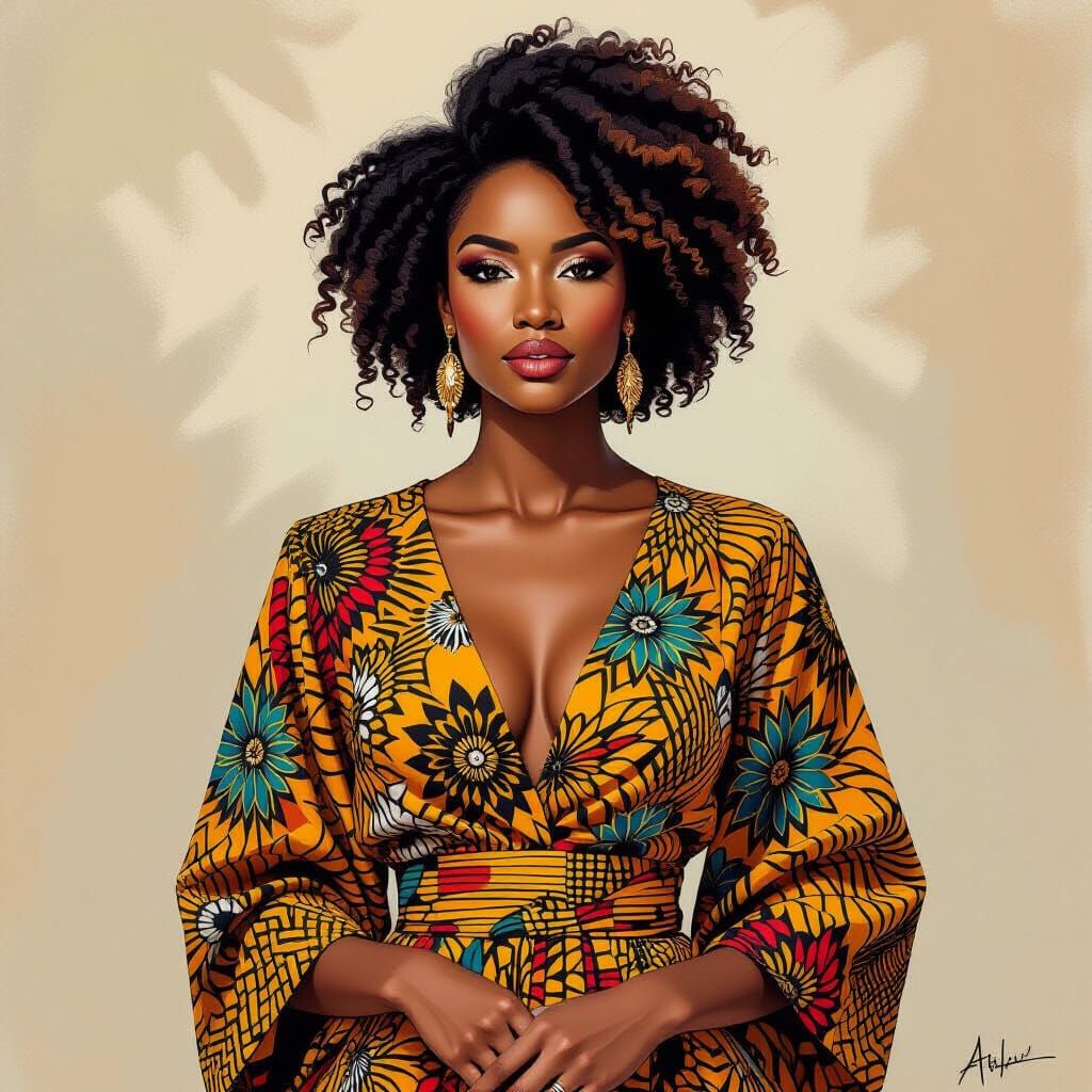 Confident Woman in African Print Clothing, Impressionistic S...