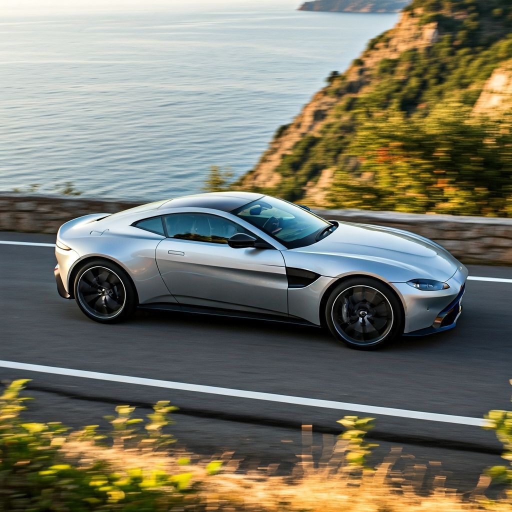 Silver Aston Martin on Coastal Mountain Road
