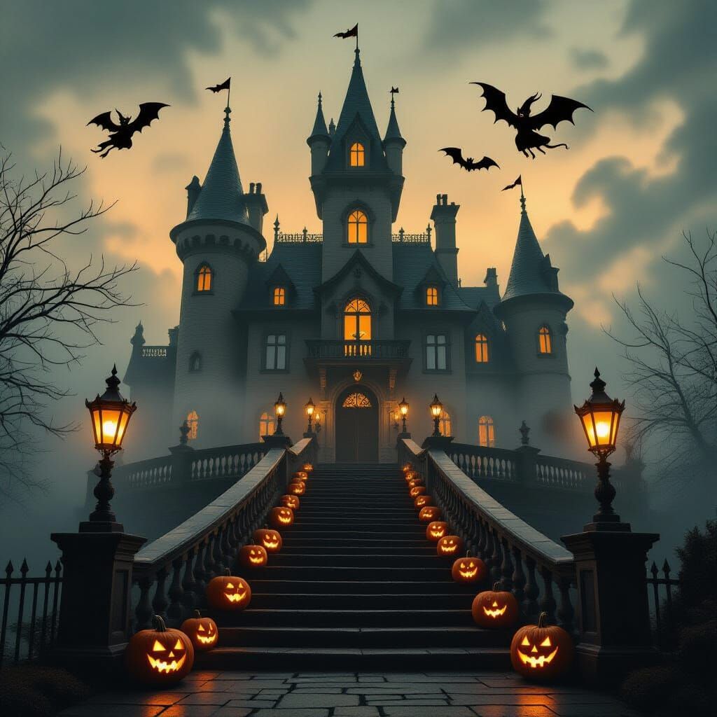 Spooky Fairytale Castle with Witches & Jack-o'-Lanterns