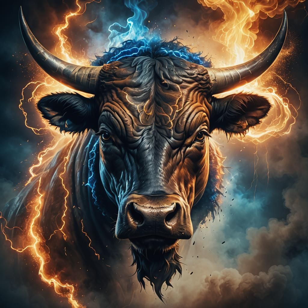 Dramatic Bull Head with Lightning in Digital Art