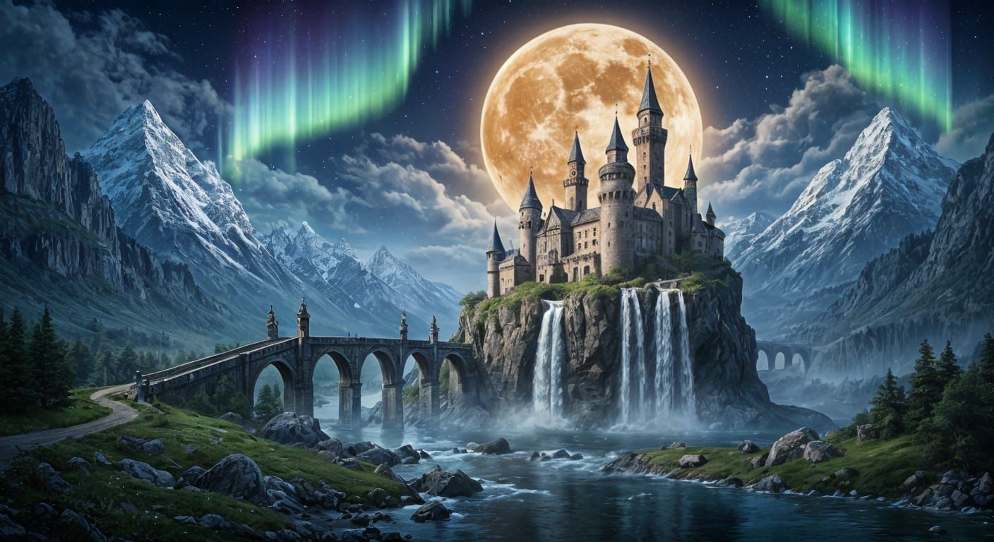 "A breathtaking, epic fantasy landscape. In the center, a ma...