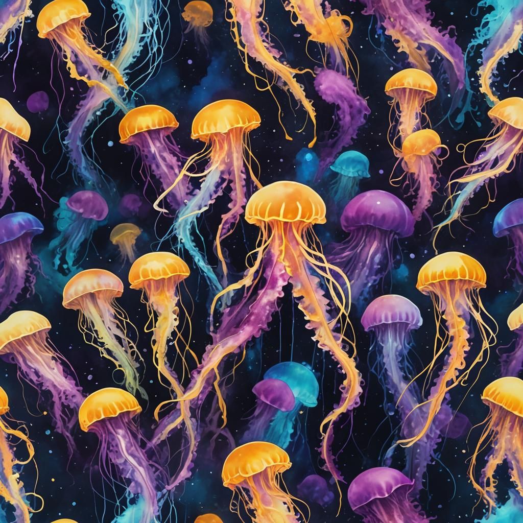 Bioluminescent Jellyfish Ink Splatters in Deep-Sea Scene