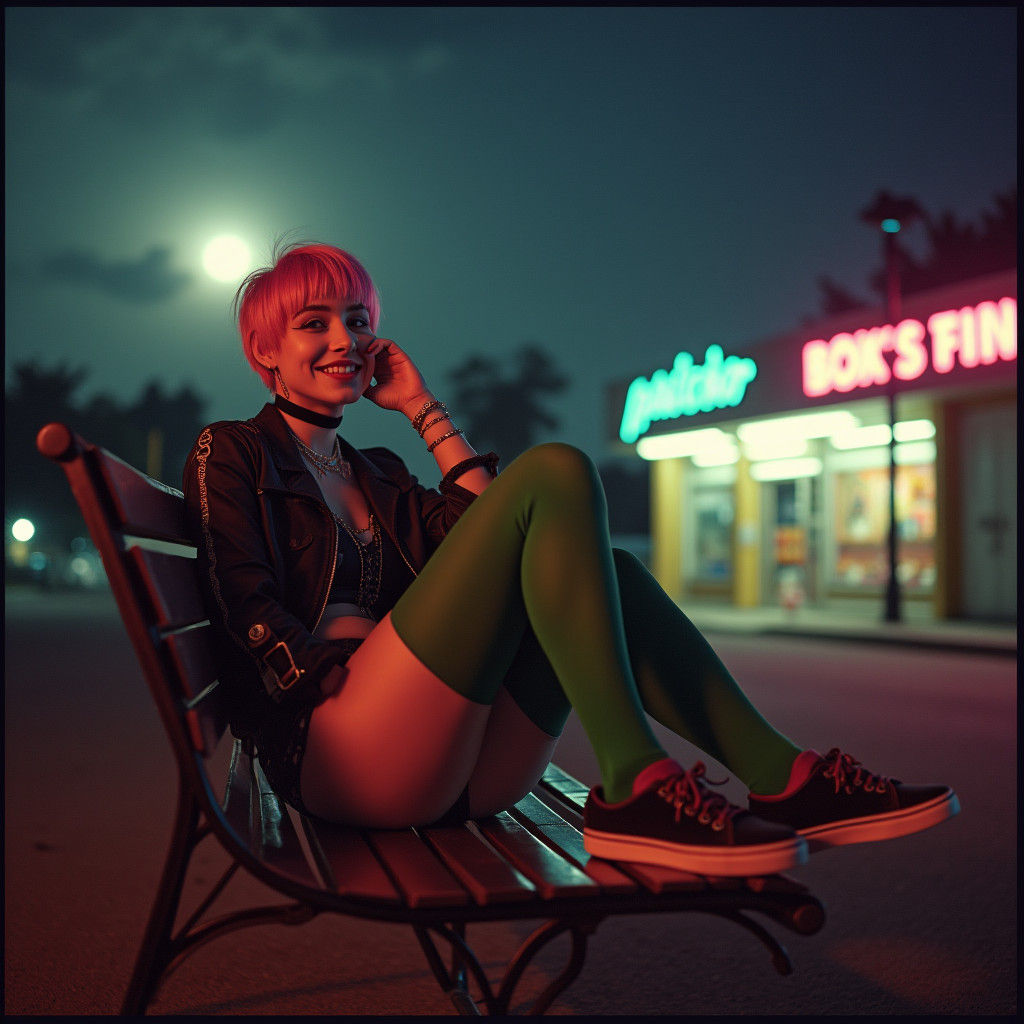 Goth Girl Lounging at Night in Cinematic Style