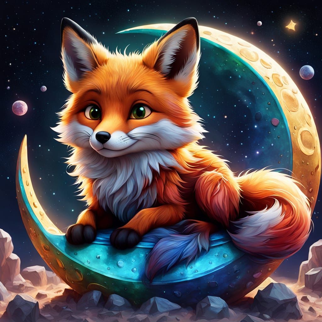 Fox Cub Sleeps on Sparkling Moon: Pixar Style