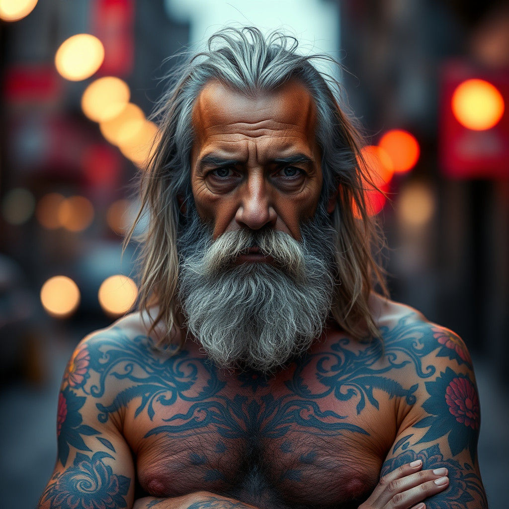 Elderly Tattooed Man in Hyperrealistic City Portrait