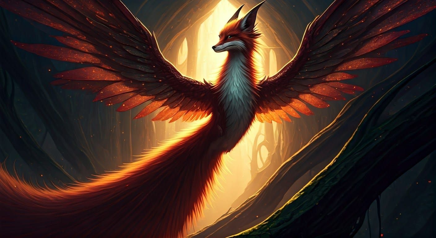 Red Fox Dragon Spreads Wings in Fantasy Scene
