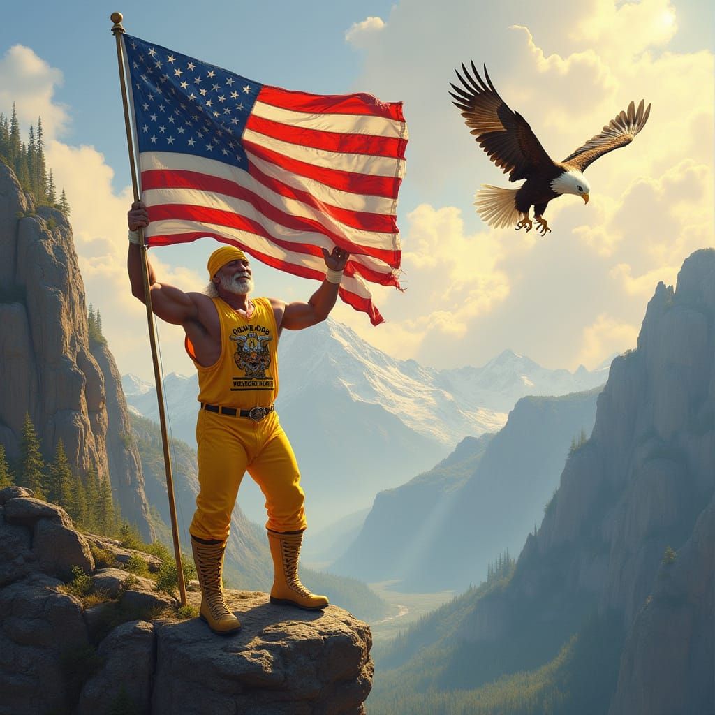 Hulk Hogan Waving American Flag in Kinkade Style