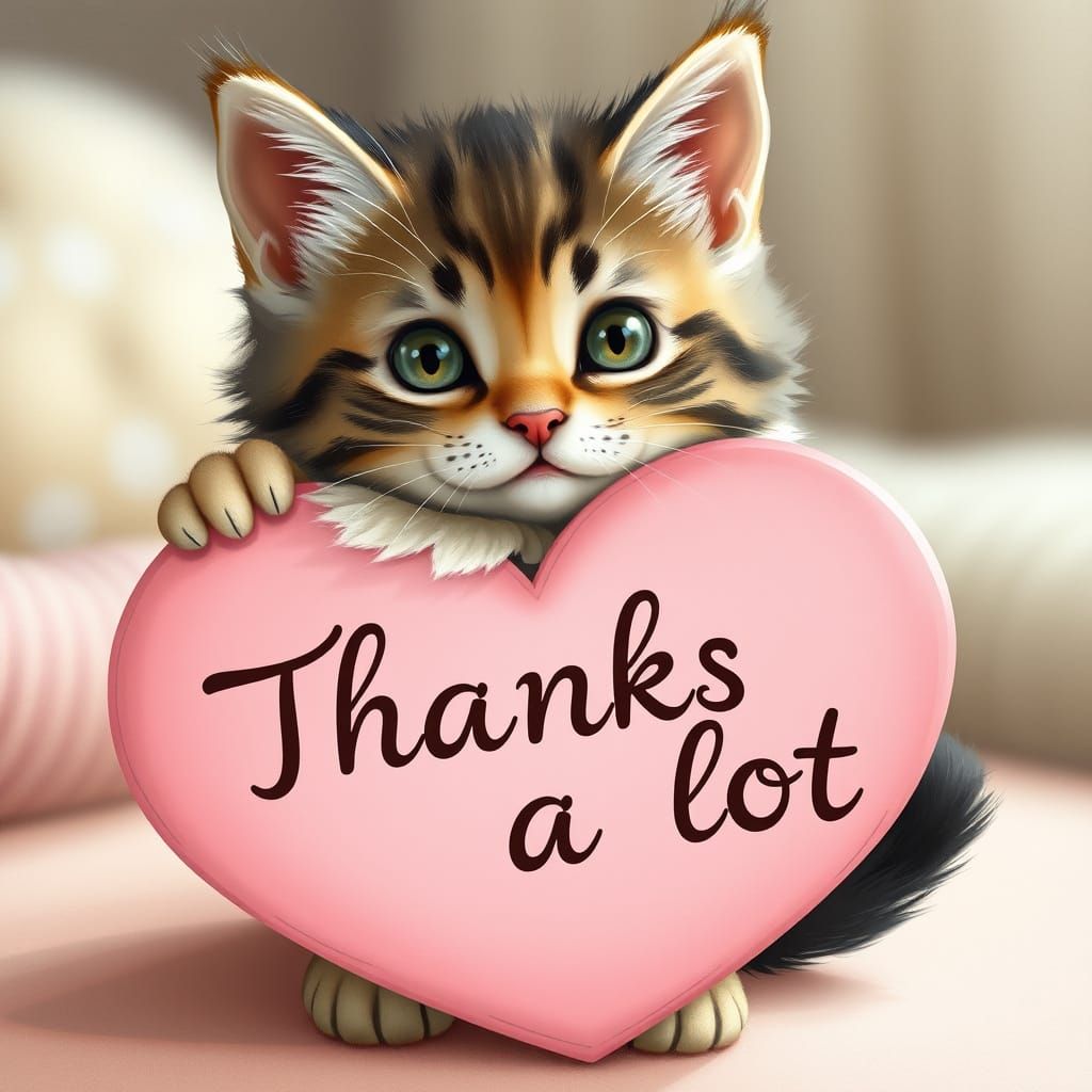Kitten Holds Heart Sign in Whimsical Style