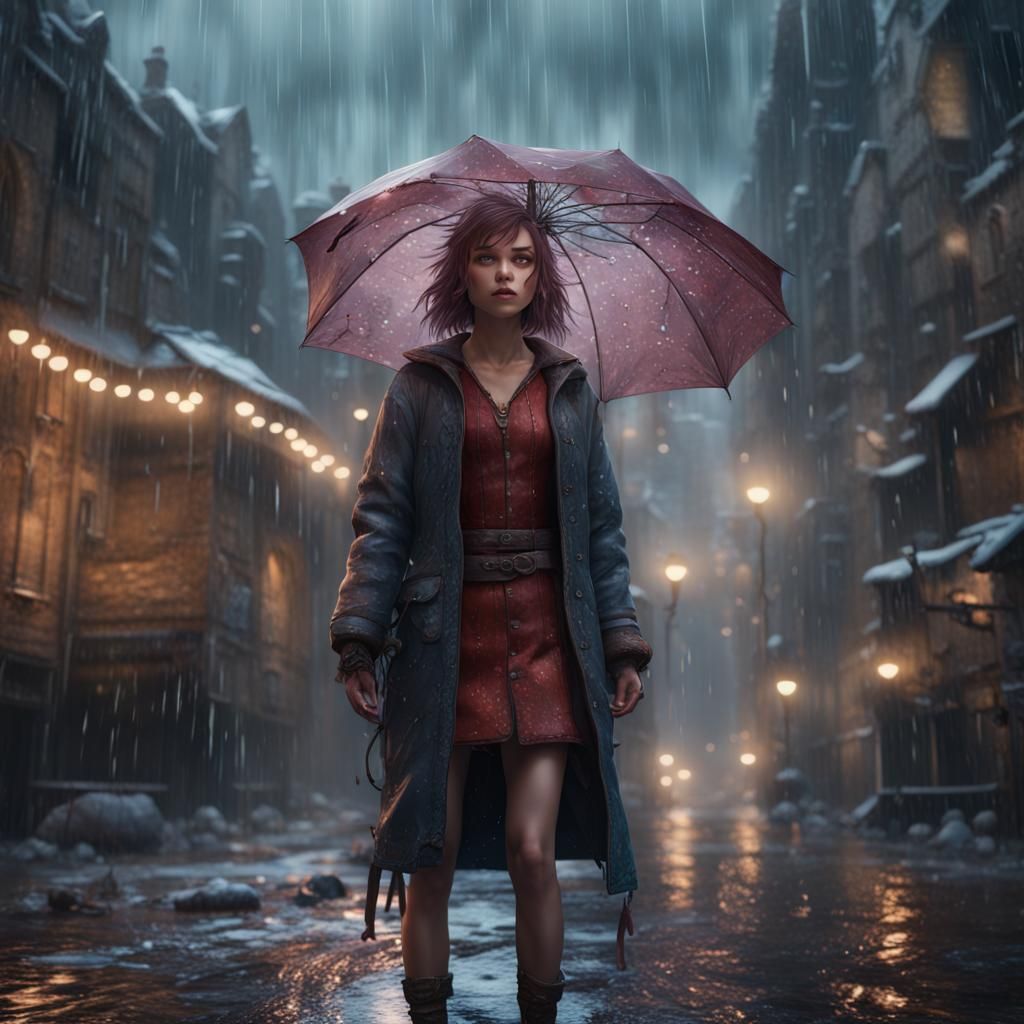 Raining Girl: Detailed Matte Painting in Deep Color