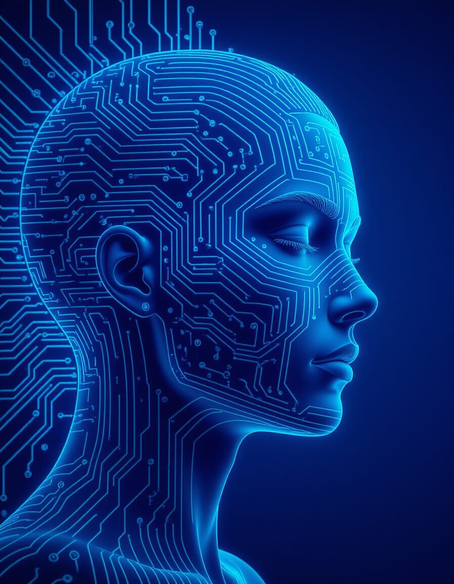 Human Face Composed of Circuits in Abstract Digital Art