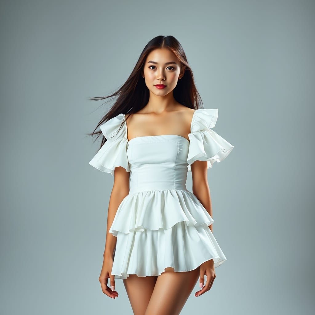 Vietnamese Woman in Ruffled Dress, Minimalist Aesthetic