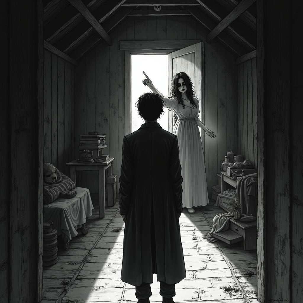 Eerie Attic Encounter in Junji Ito Manga Style