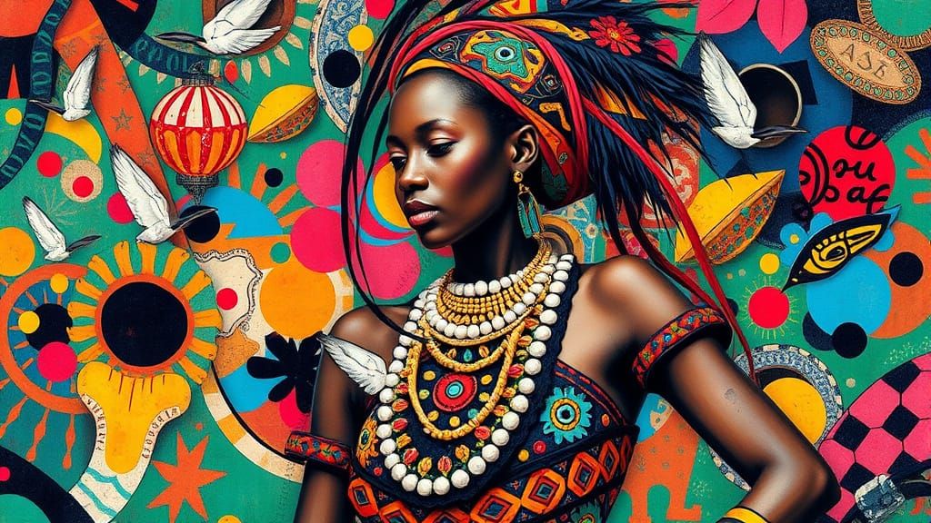 Surrealist African Goddess in Vibrant Tribal Dance Attire
